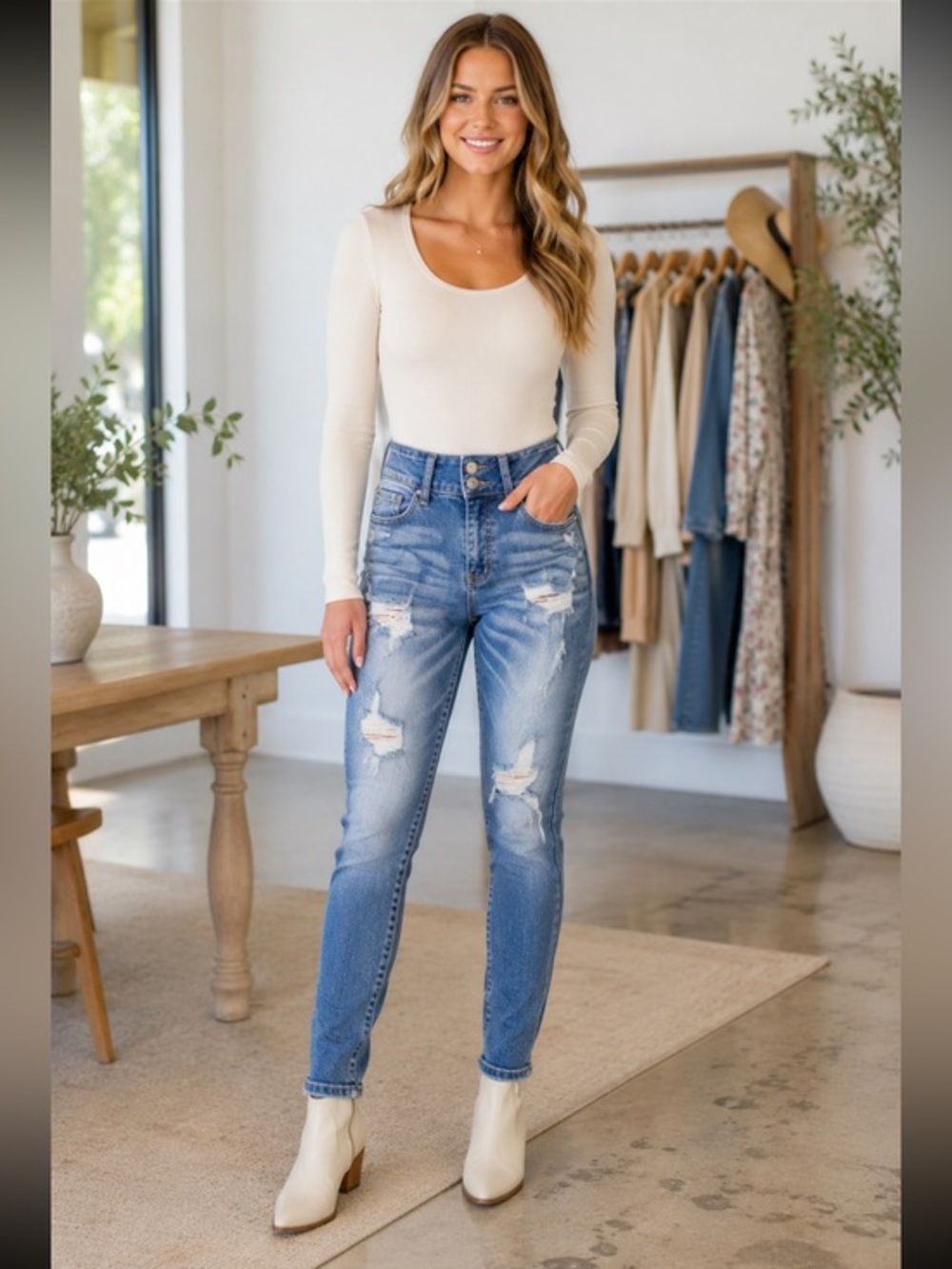 KanCan High Rise Double Button Skinny Jeans 3/25 Distressed Stretch Denim